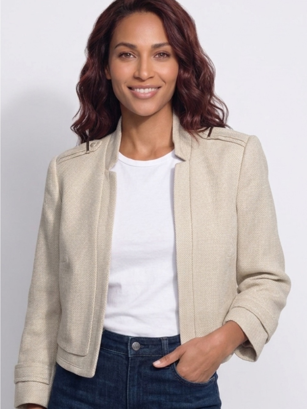 White House Black Market Cream Textured Open-Front Blazer
